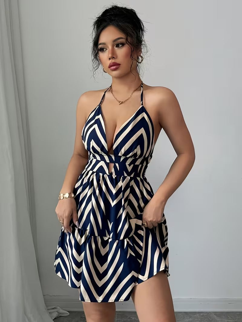 Ninonine "Chevron" | Geometric Halter Cutout Mini Dress