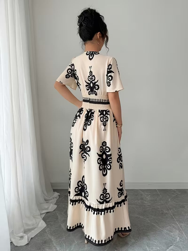 Ninonine "Amara" | Vintage Motif Shirred-Waist V-Neck Maxi Dress