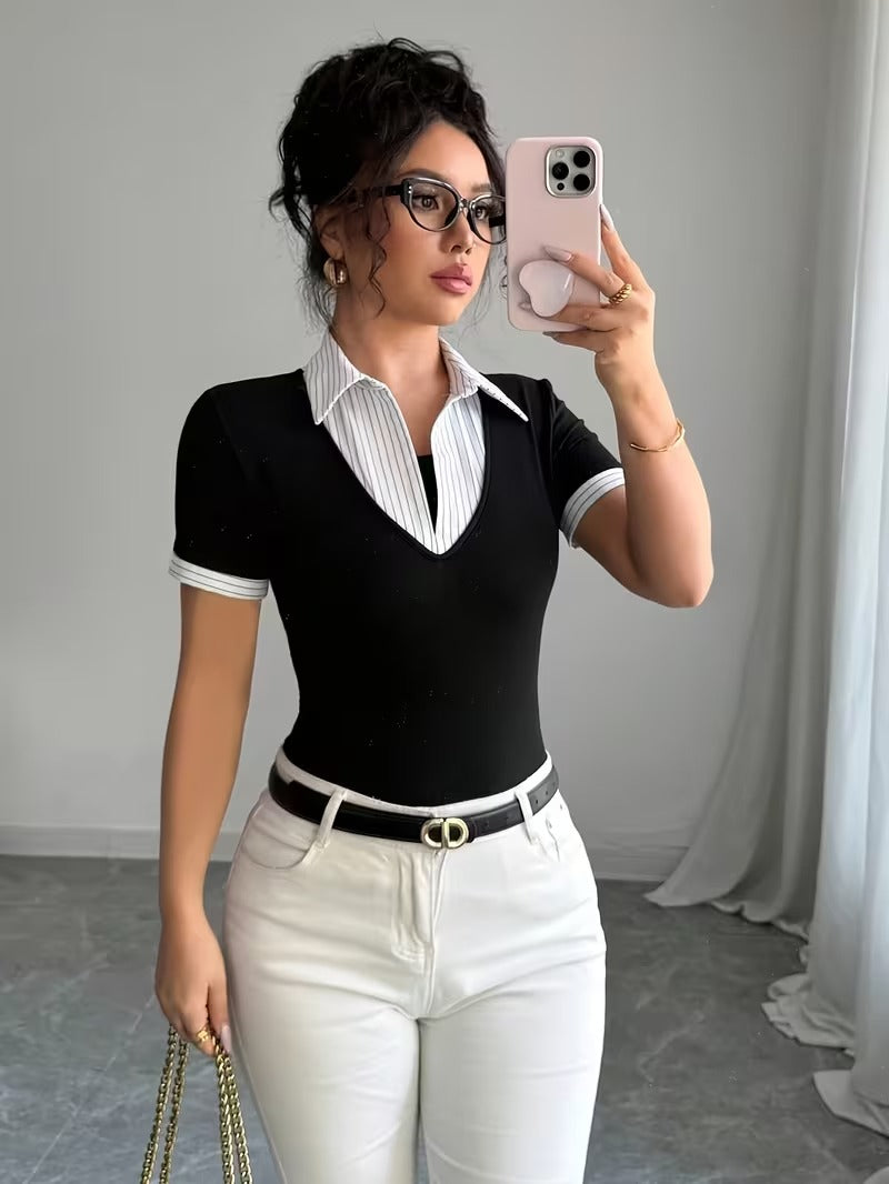 Ninonine "Giselle" | Layered Pinstripe Contrast Collar Top