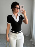 Ninonine "Giselle" | Layered Pinstripe Contrast Collar Top