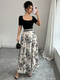 Ninonine "Kiku" | Monochrome Botanical Square-Neck Maxi Dress