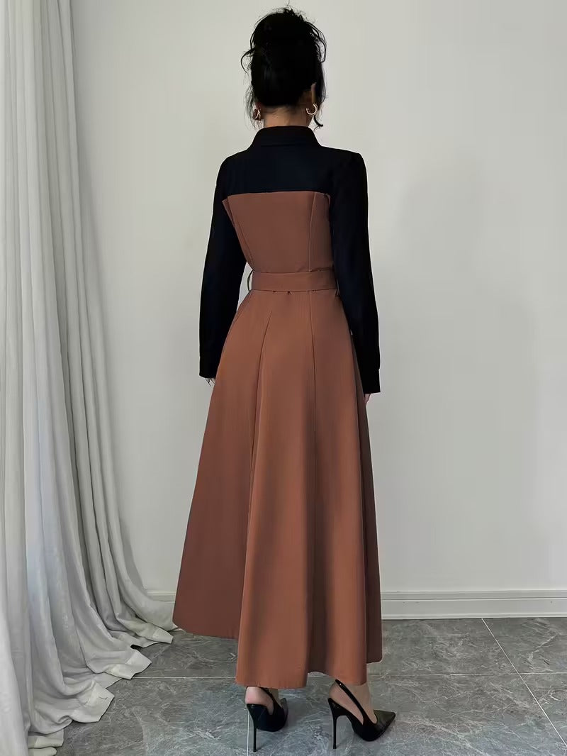 Ninonine "Vienna" | Contrast Double-Breasted Trench-Style Maxi Dress
