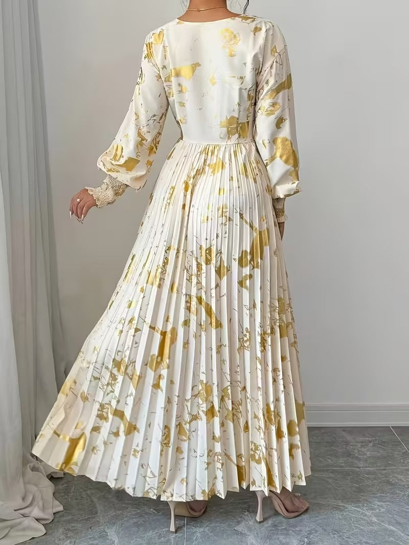 Ninonine "Aurelia" | Golden Foil Pleated V-Neck Maxi Gown