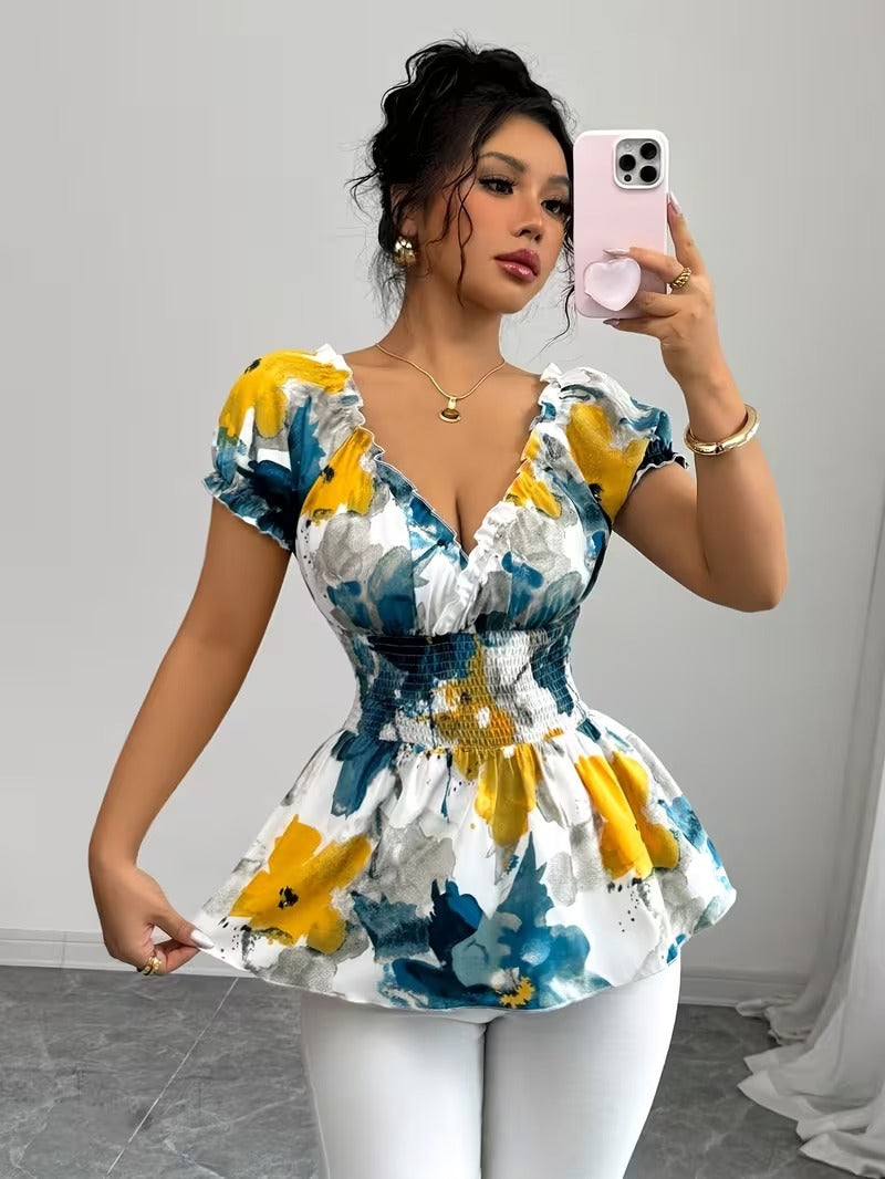 Ninonine "Elora" | Shirred Waist Artistic Floral Blouse