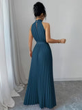 Ninonine "Serene" | Pleated Halter-Neck Maxi Gown with Ribbon Belt