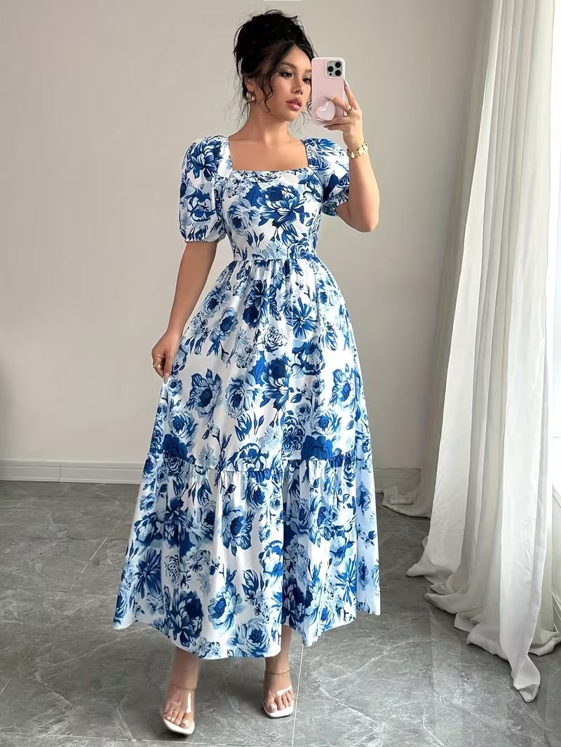 Ninonine "Isadora" | Azure Bloom Puff Sleeve Tiered Maxi Dress