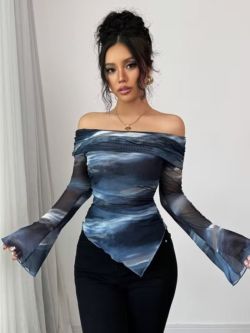 Ninonine "Lyra" | Abstract Midnight Off-Shoulder Asymmetrical Top
