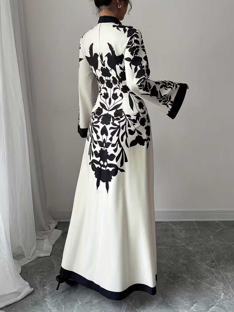 Ninonine "Kira" | Faux Two-Piece Ink-Wash Floral Maxi Dress