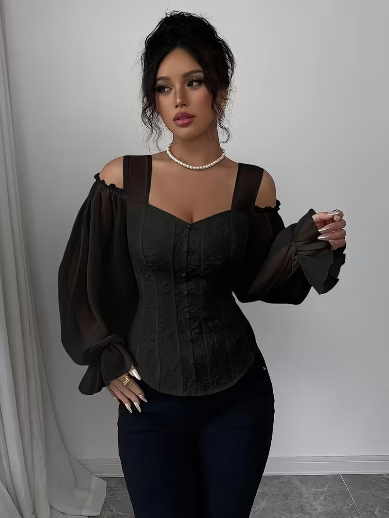 Ninonine "Vivienne" | Floral Jacquard Open-Shoulder Lantern Sleeve Top