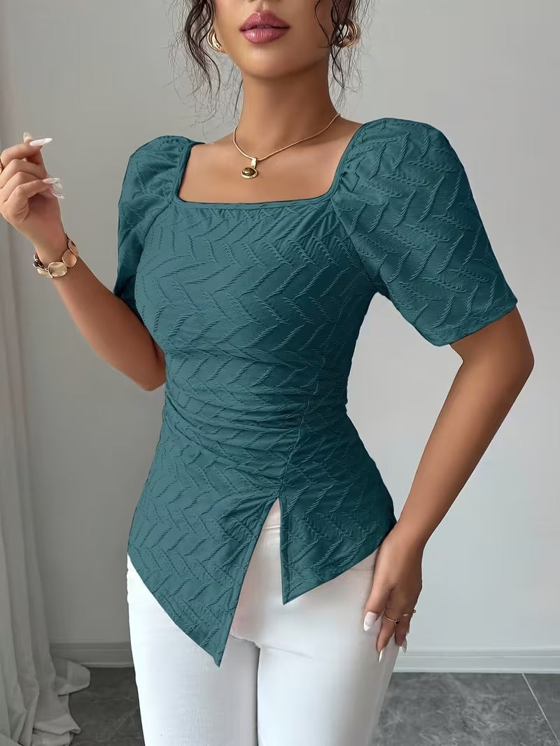 Ninonine "Lucille" | Textured Square-Neck Asymmetrical Hem Top
