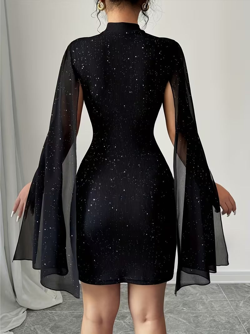 Ninonine "Lyra" | Shimmering Cape-Sleeve Cutout Bodycon Dress