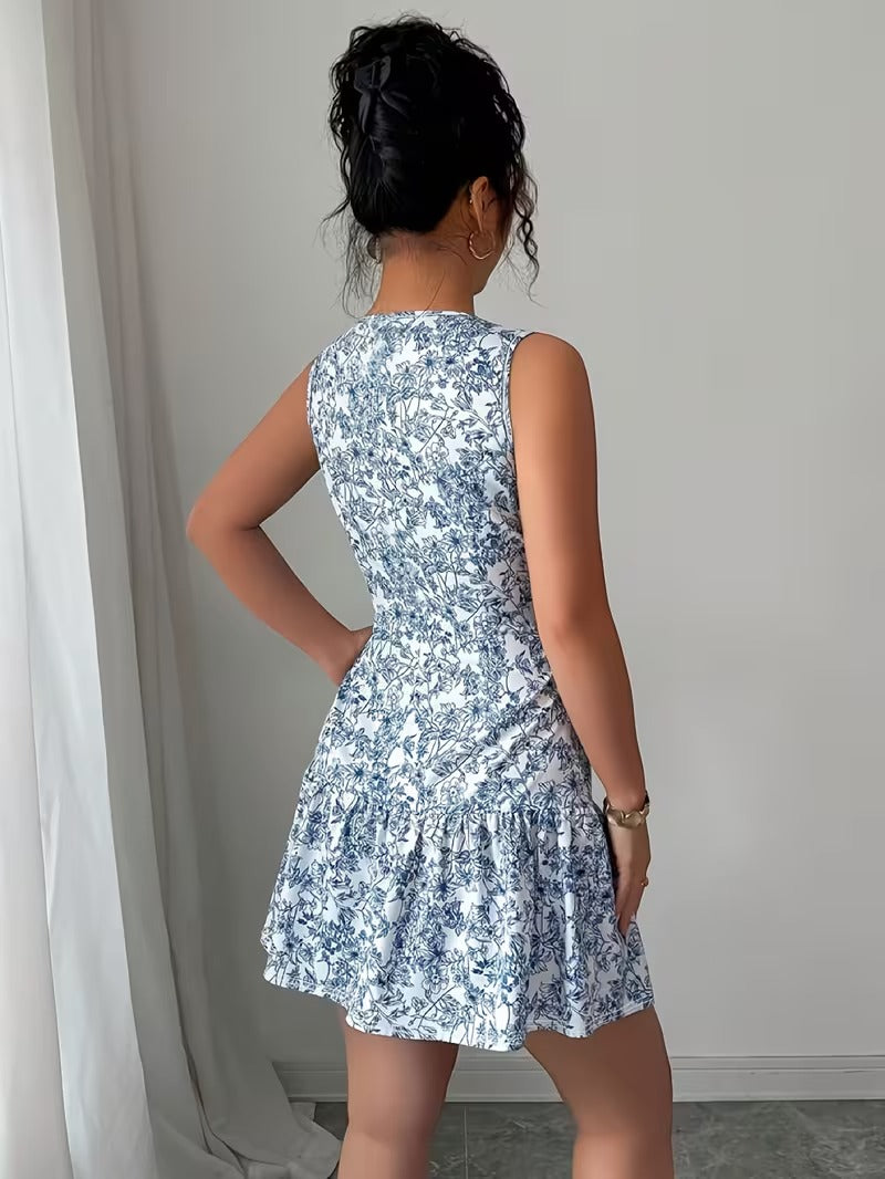 Ninonine "Mariana" | Azure Toile-Print Sleeveless Peplum Dress