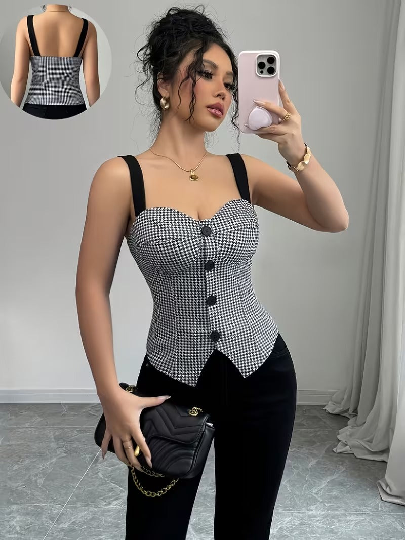 Ninonine "Valerie" | Houndstooth Button-Front Bustier Vest
