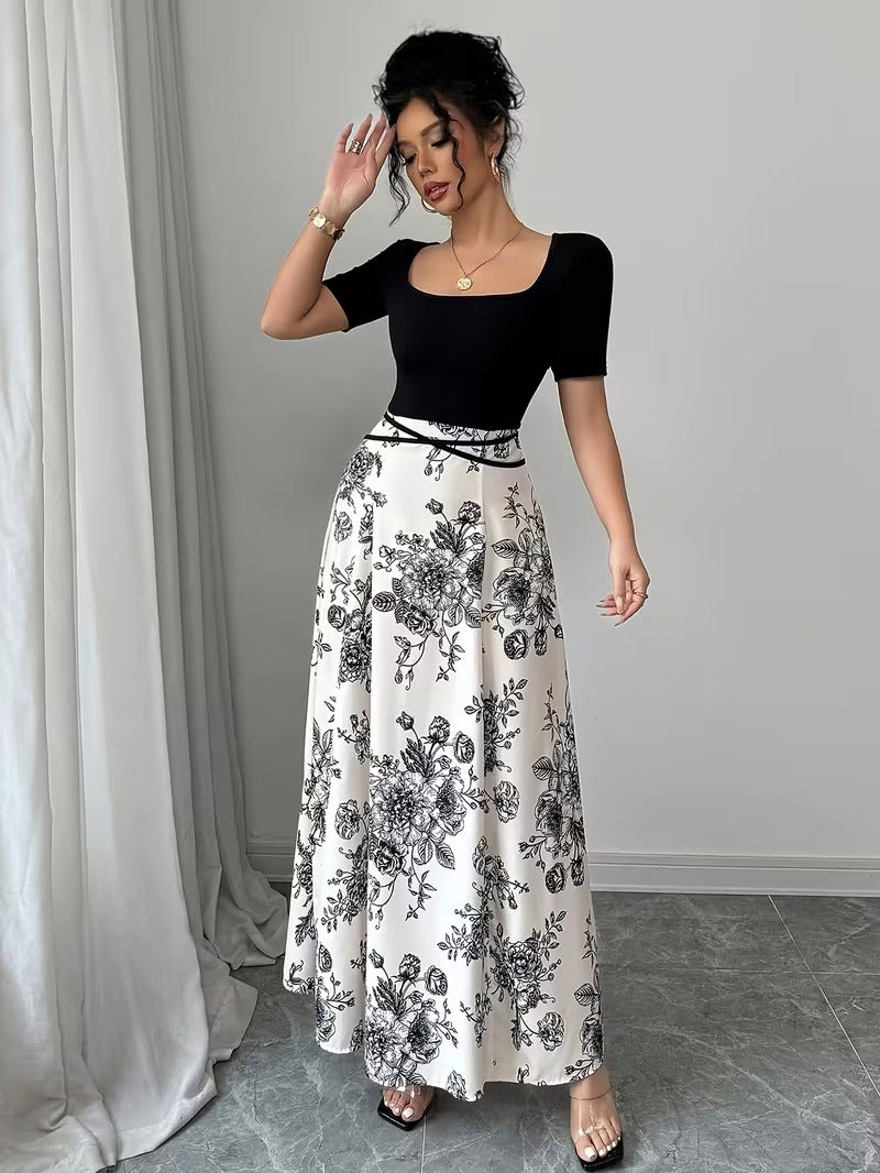 Ninonine "Kiku" | Monochrome Botanical Square-Neck Maxi Dress