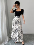 Ninonine "Kiku" | Monochrome Botanical Square-Neck Maxi Dress