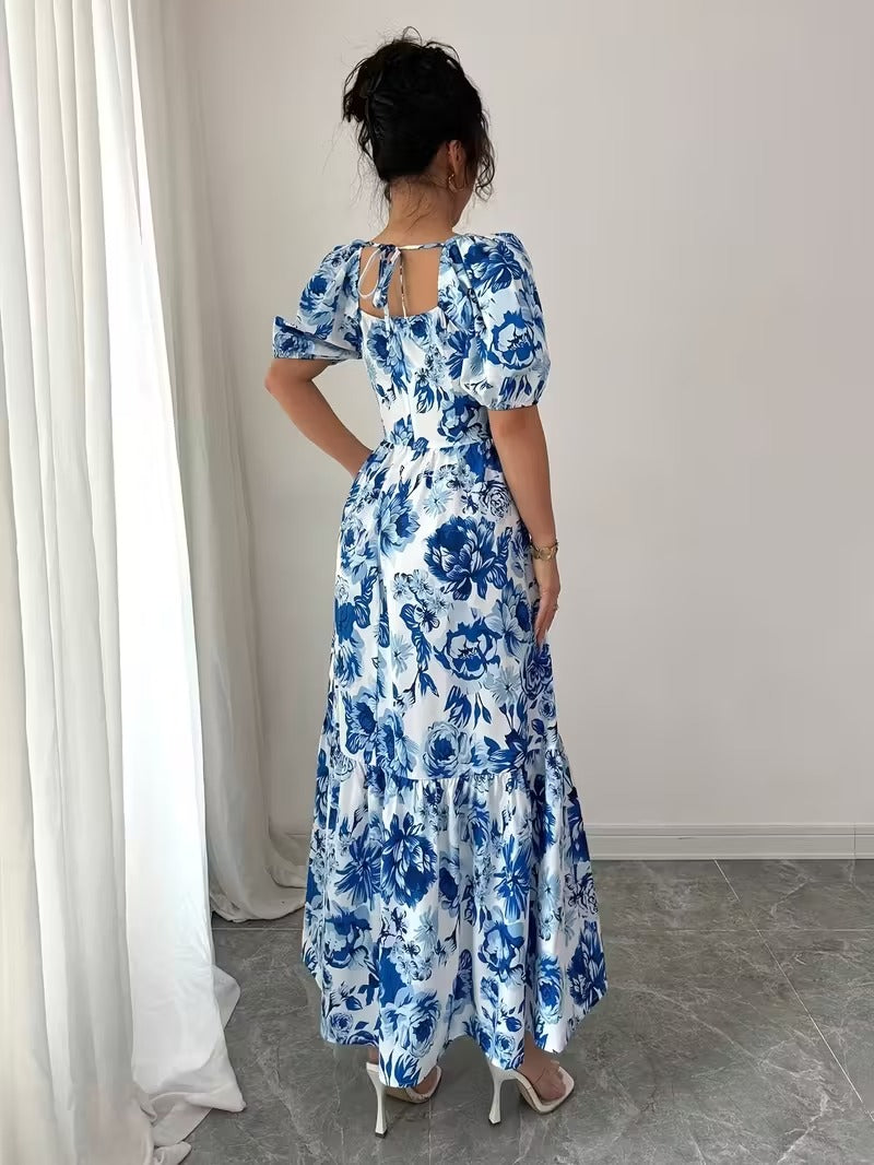 Ninonine "Isadora" | Azure Bloom Puff Sleeve Tiered Maxi Dress