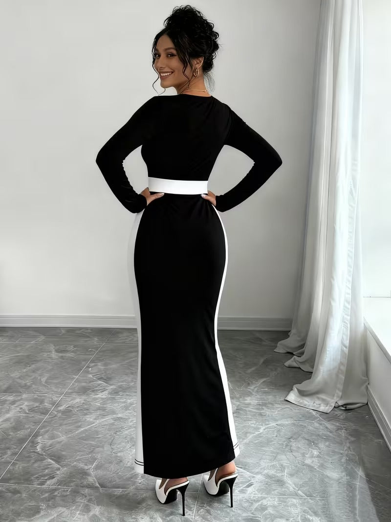 Ninonine "Sylvie" | French-Style Contrast Square Neck Bodycon Maxi