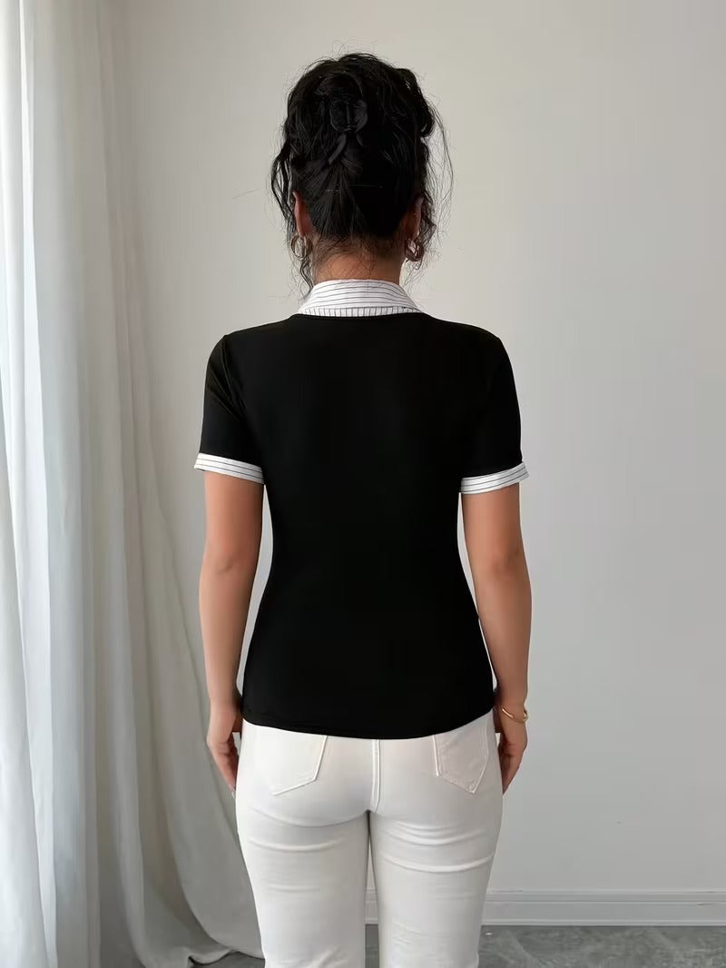Ninonine "Giselle" | Layered Pinstripe Contrast Collar Top
