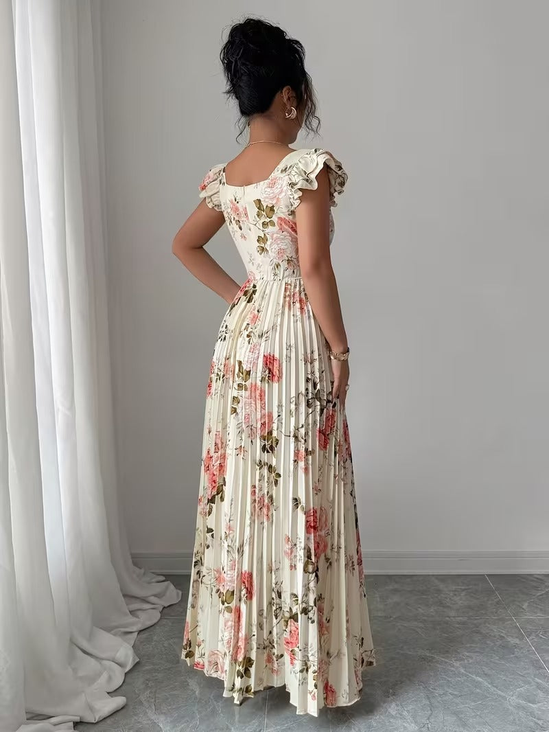 Ninonine "Rosalind" | Pleated Floral Maxi Dress with Ruffled Sleeves