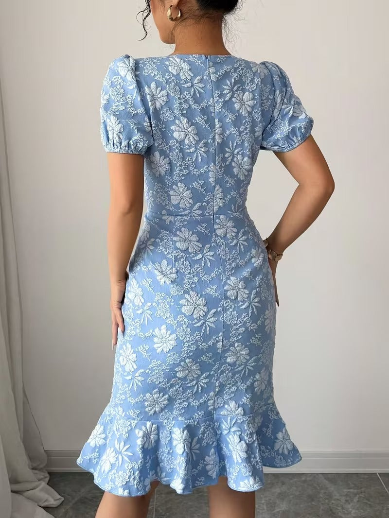 Ninonine "Seraphina" | Floral Jacquard Ruffled Mermaid Midi Dress