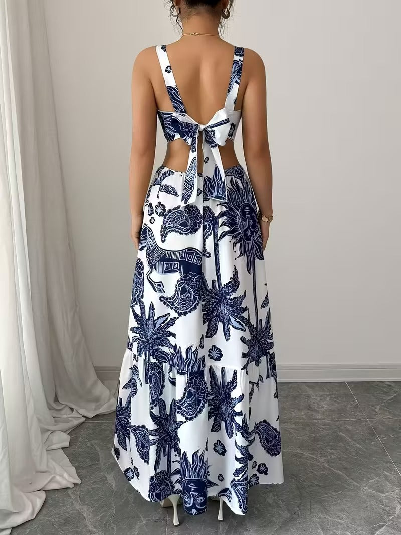 Ninonine "Soleil" | Azure Botanical Cutout Maxi Dress