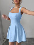 Ninonine "Elodie" | Pearl-Encrusted Square Neck Fit & Flare Dress