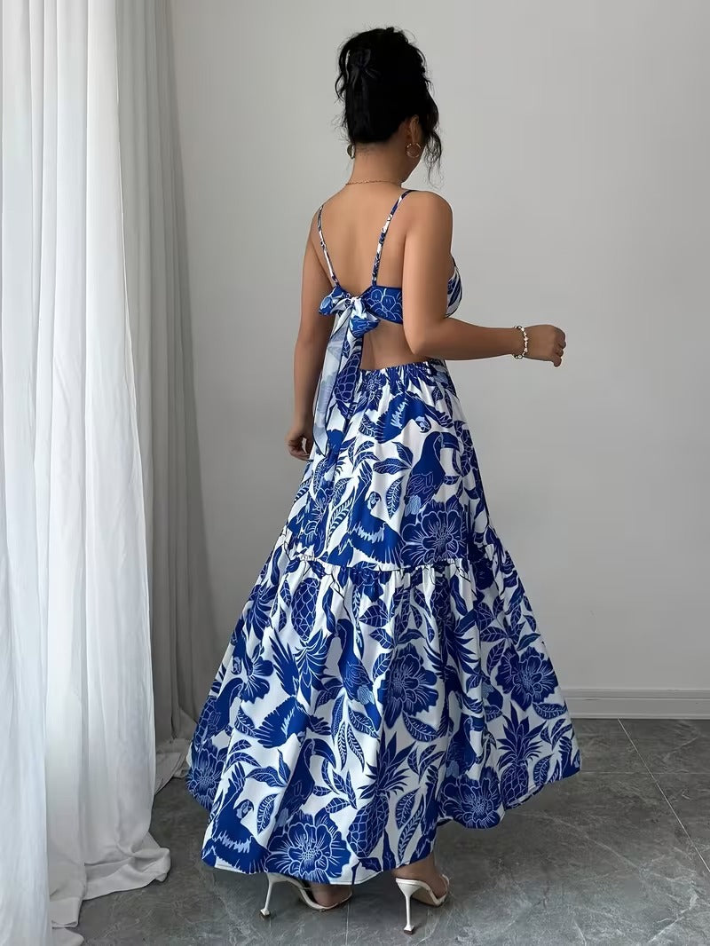 Ninonine "Sapphire" | Porcelain Botanical Ring-Detail Maxi Dress