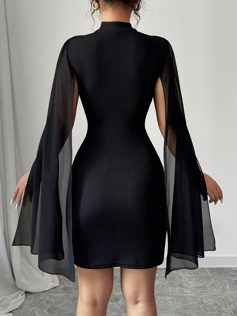 Ninonine "Hestia" | Mandarin Collar Cape-Sleeve Bodycon Dress