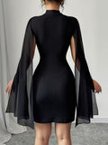 Ninonine "Hestia" | Mandarin Collar Cape-Sleeve Bodycon Dress