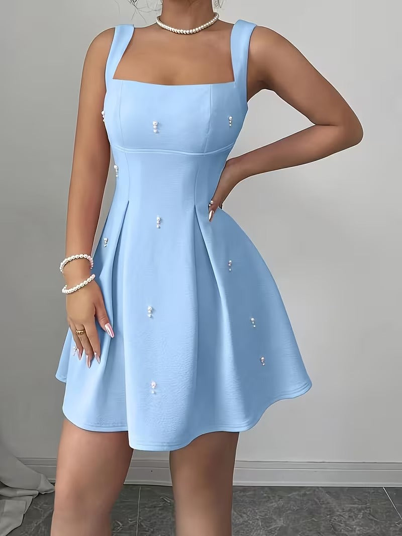 Ninonine "Elodie" | Pearl-Encrusted Square Neck Fit & Flare Dress