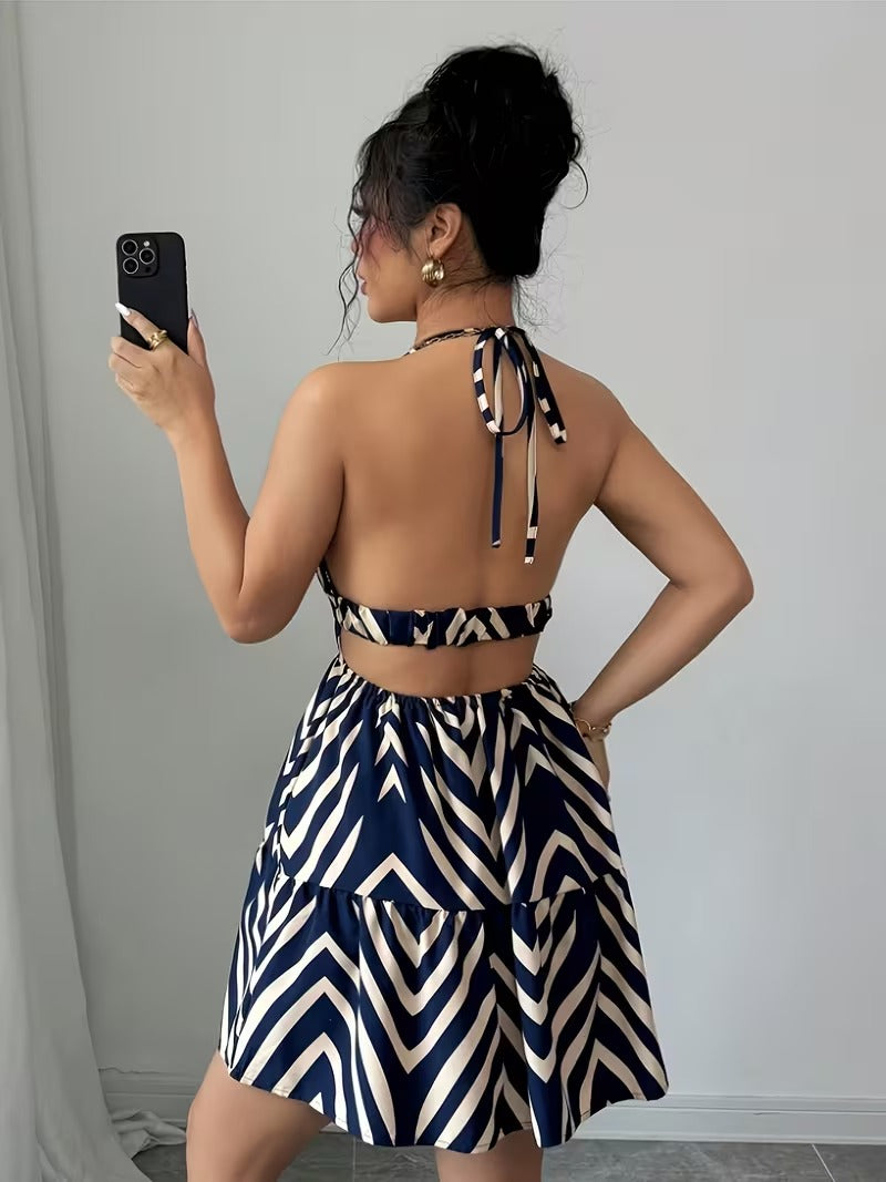 Ninonine "Chevron" | Geometric Halter Cutout Mini Dress