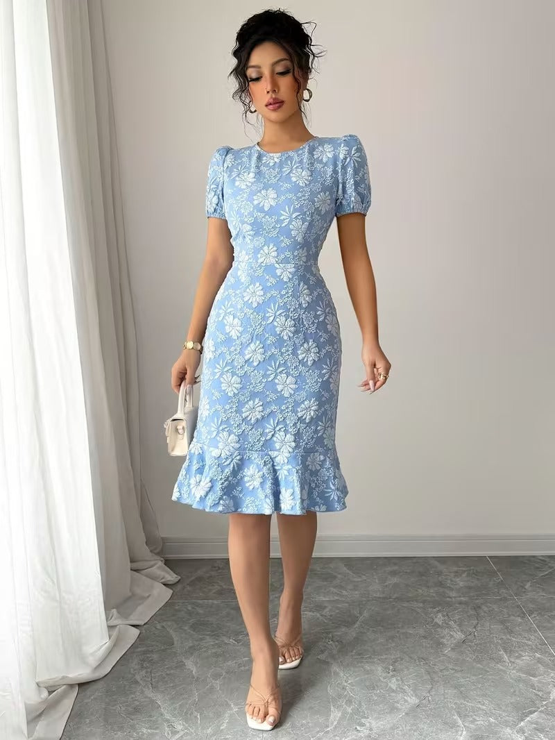 Ninonine "Seraphina" | Floral Jacquard Ruffled Mermaid Midi Dress
