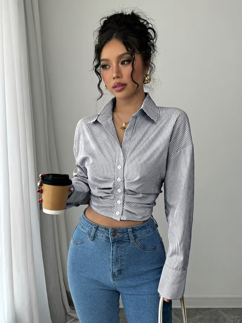 Ninonine "Lumière" | Ruched Pinstripe Cropped Blouse