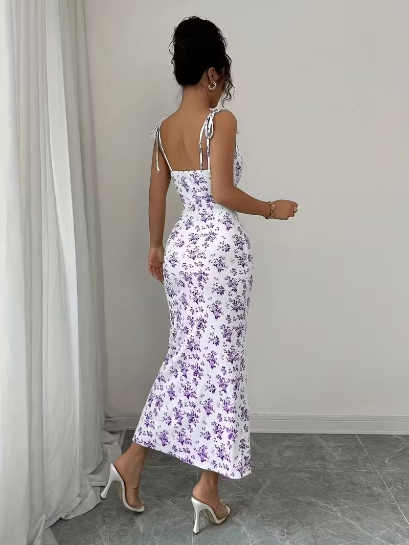 Ninonine "Violette" | Ruffled Tie-Strap Floral Bodycon Dress