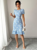Ninonine "Seraphina" | Floral Jacquard Ruffled Mermaid Midi Dress
