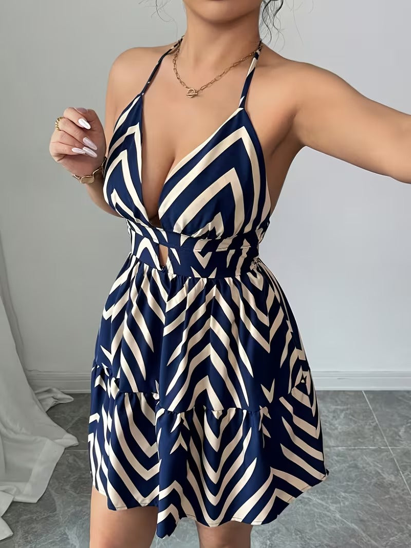 Ninonine "Chevron" | Geometric Halter Cutout Mini Dress