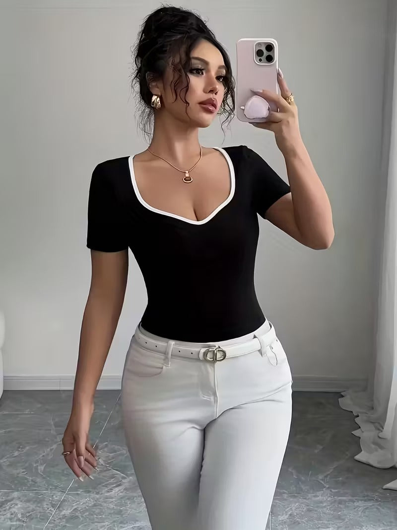 Ninonine "Maya" | Sweetheart Ribbed Woven Contrast Top