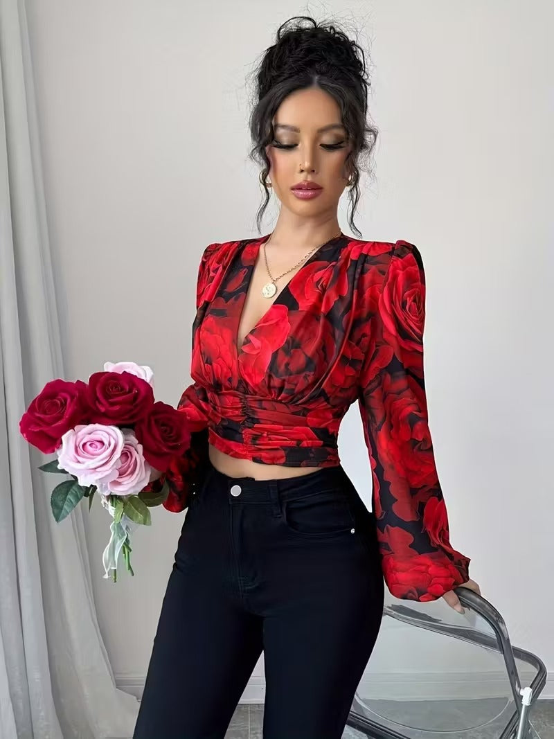 Ninonine "Rosalind" | Shirred Rose Print Long-Sleeve Crop Top