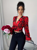 Ninonine "Rosalind" | Shirred Rose Print Long-Sleeve Crop Top