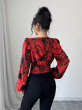 Ninonine "Rosalind" | Shirred Rose Print Long-Sleeve Crop Top
