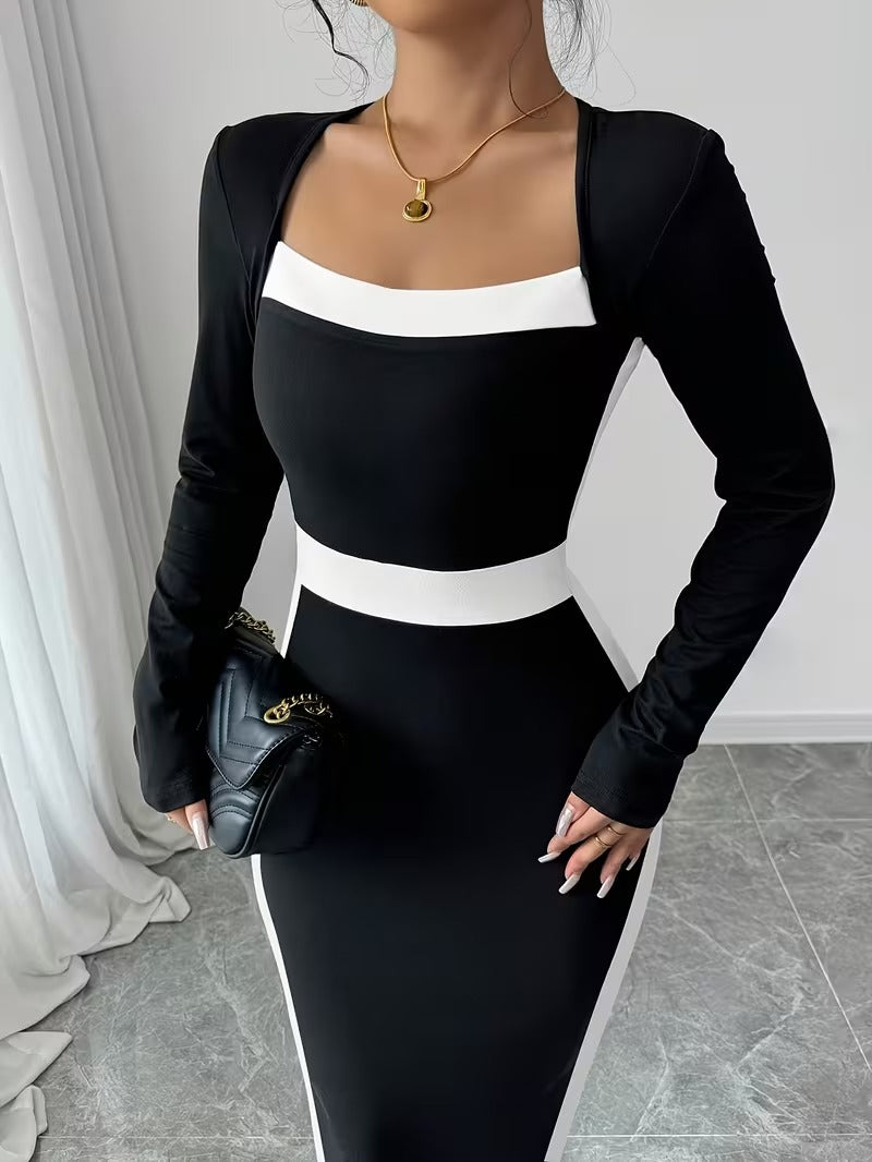 Ninonine "Sylvie" | French-Style Contrast Square Neck Bodycon Maxi