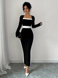 Ninonine "Sylvie" | French-Style Contrast Square Neck Bodycon Maxi